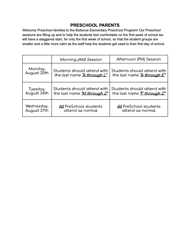  Preschool Start Date